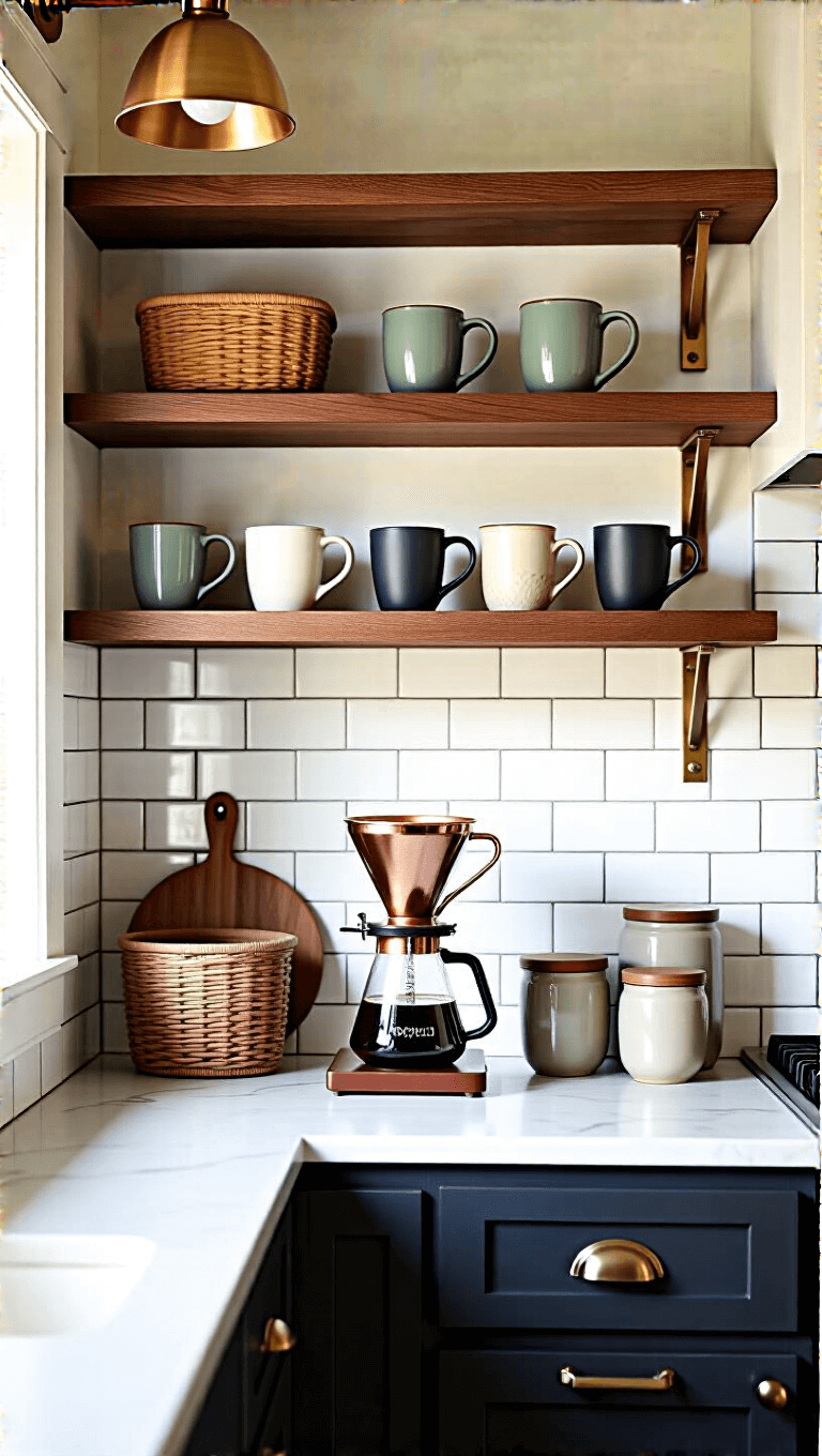 Dawn light illuminating a stylish small kitchen coffee station with artisanal mugs, copper pour-over setup on wooden shelves against white subway tiles, and brass sconce lighting.
