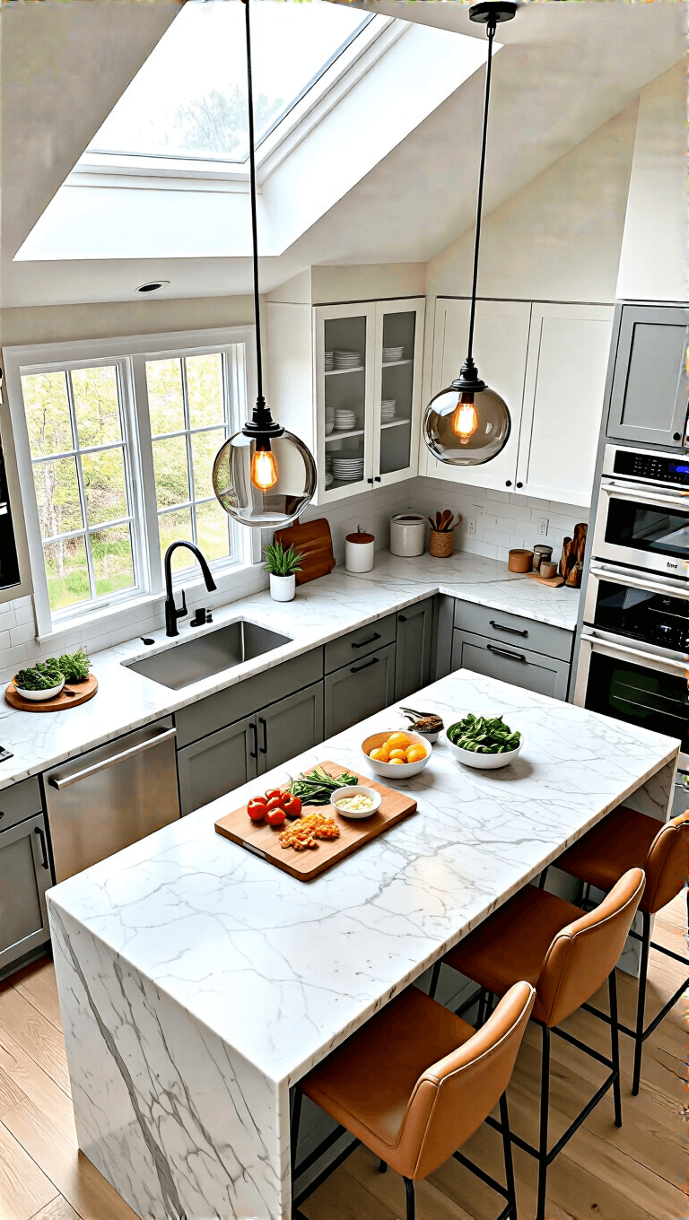 Overhead view of a compact kitchen workspace with Carrara marble island, tan leather barstools, pendant lights, and lunch preparations on a wooden cutting board under natural skylight illumination.