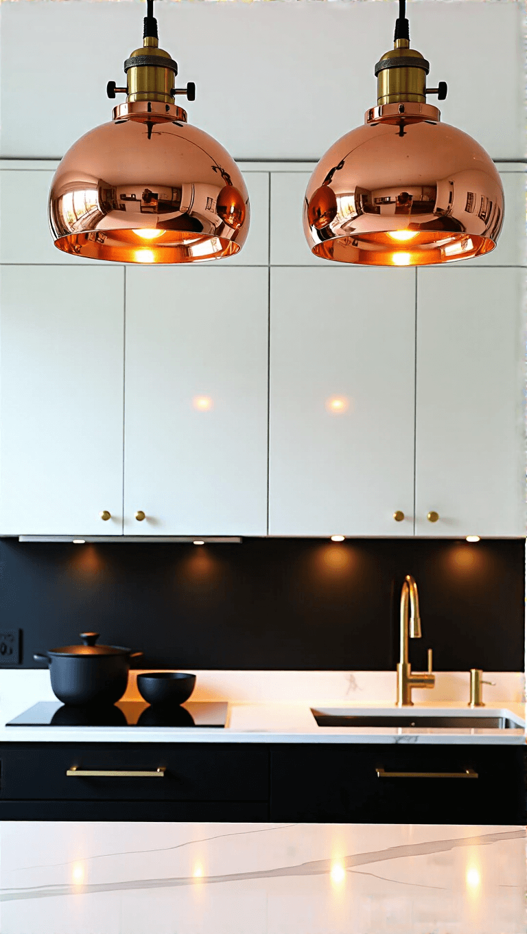 Dramatic evening view of a small kitchen featuring Tom Dixon copper pendants, glossy white upper cabinets, matte black lower cabinets with brushed brass handles, integrated panel-ready refrigerator, and minimal black stoneware accessories.