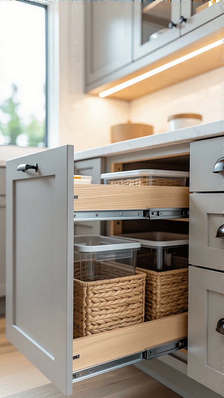Close-up of a modern kitchen showcasing a pull-out pantry system in white oak, grey cabinetry, LED lighting, woven baskets, clear containers, and matte black metal drawer pulls