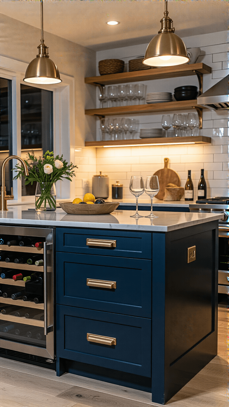 Twilight image of small kitchen with navy blue island, hidden wine storage, floating shelves with glassware, brass fixtures and integrated lighting