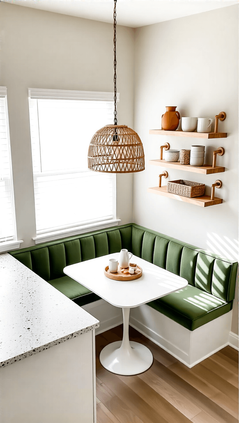 Overhead view of a compact kitchen breakfast nook with a white tulip table, sage green banquette, rattan pendant light, and terrazzo countertop in morning light.