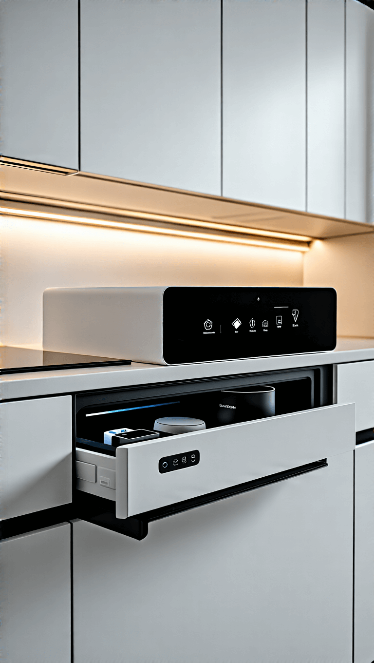 Detail view of a modern kitchen featuring a charging drawer with built-in USB ports, hidden coffee station, smart appliance hub, matte white cabinets, black smart display, under-cabinet lighting, and minimalistic geometric accessories.