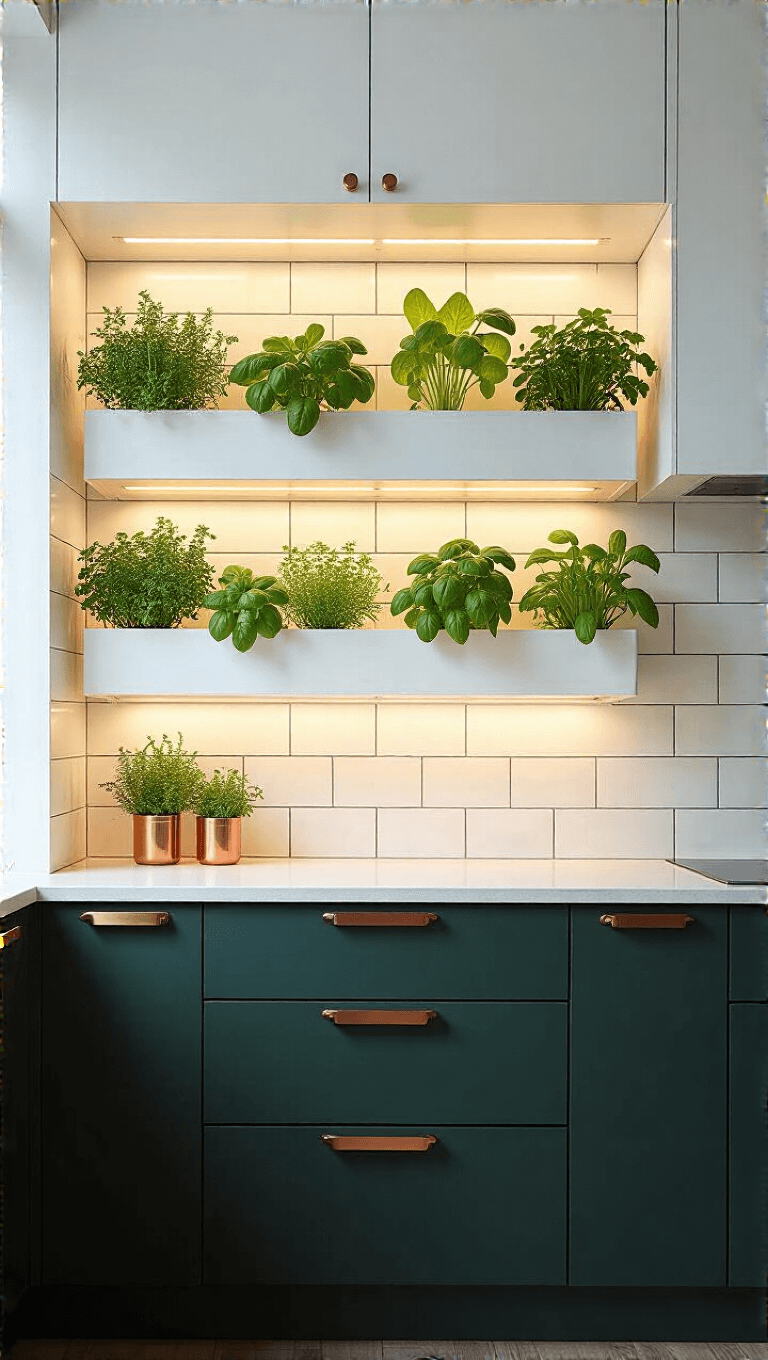 Vertical garden wall with hydroponic herbs on white tile backsplash in a small kitchen, accentuated by LED lighting, copper plant markers and forest green cabinets, lit with natural light in the late afternoon.