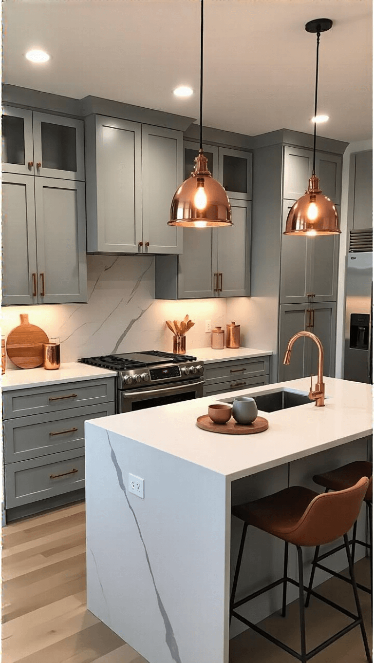 Dramatic transformation of kitchen at dusk, featuring dove grey cabinets, quartz countertops, panel-ready appliances and pendant lights with minimalist copper and ceramic accessories.