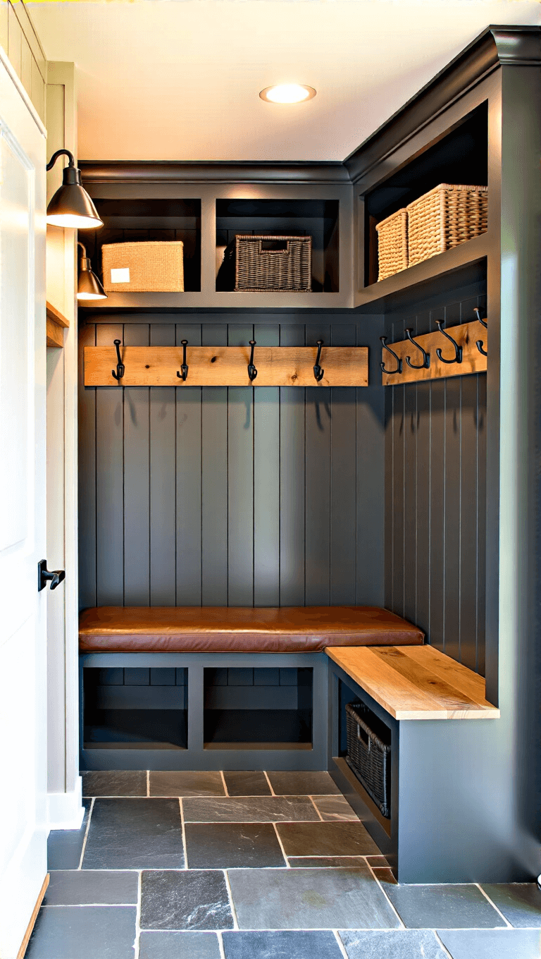 Mudroom entry with slate flooring, built-in wooden bench with leather cushion, steel and wood storage solutions, and coat hook wall, lit by industrial sconces in a palette of slate gray, warm wood, black metal, and cream.