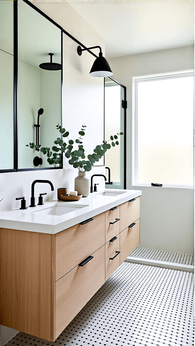 Bright, minimalist, transitional bathroom featuring floor-to-ceiling windows with privacy film, a floating double vanity in bleached oak with a white quartz top, an oversized shower with black grid details, and a penny tile floor, styled with simple ceramic vessels and eucalyptus branches.