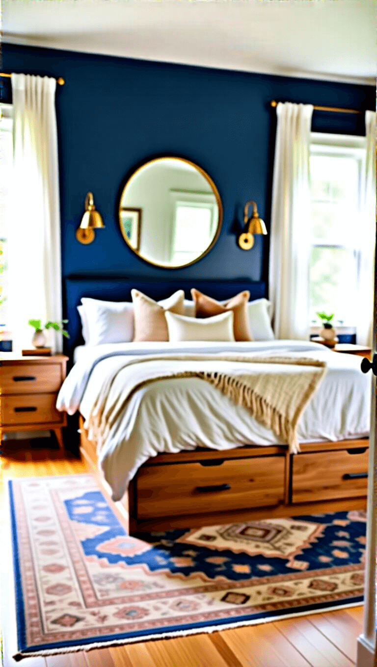 Morning light illuminating a 10x12ft bedroom with navy accent wall, platform bed with white and cream bedding, brass wall sconces, oversized mirror, and Persian-style rug on hardwood floor.