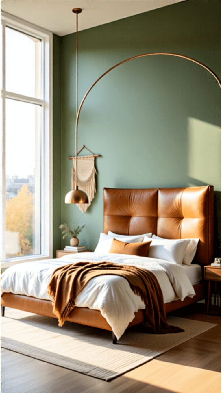 Minimalist 9x11ft bedroom illuminated by golden hour sunlight through floor-to-ceiling windows, featuring a low-profile queen bed with a curved cognac brown leather headboard against a sage green wall, complete with white linen bedding, earth-toned mohair throws and a brass floor lamp