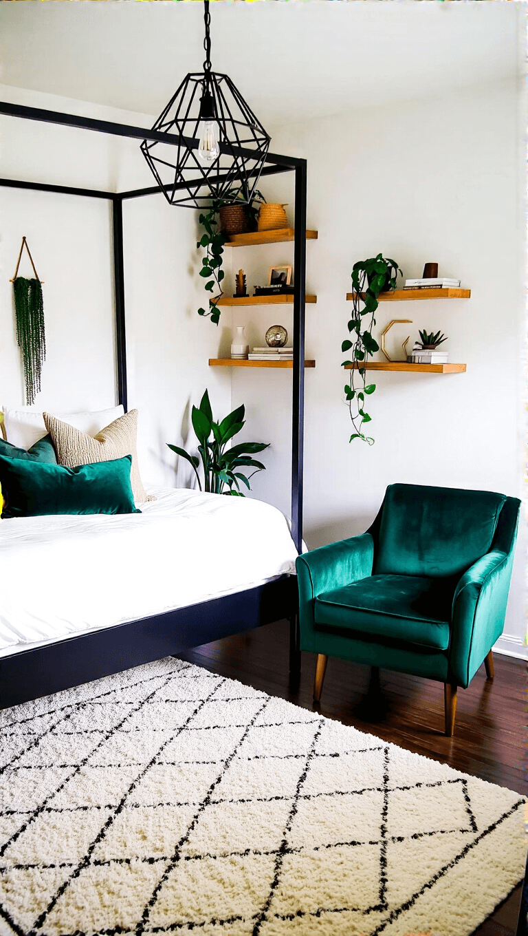 An 8x10ft cozy bedroom during blue hour with white walls, black four-poster bed, floating shelves with plants, emerald green velvet chair in a reading nook, geometric pendant light, and layered cream and charcoal rugs.