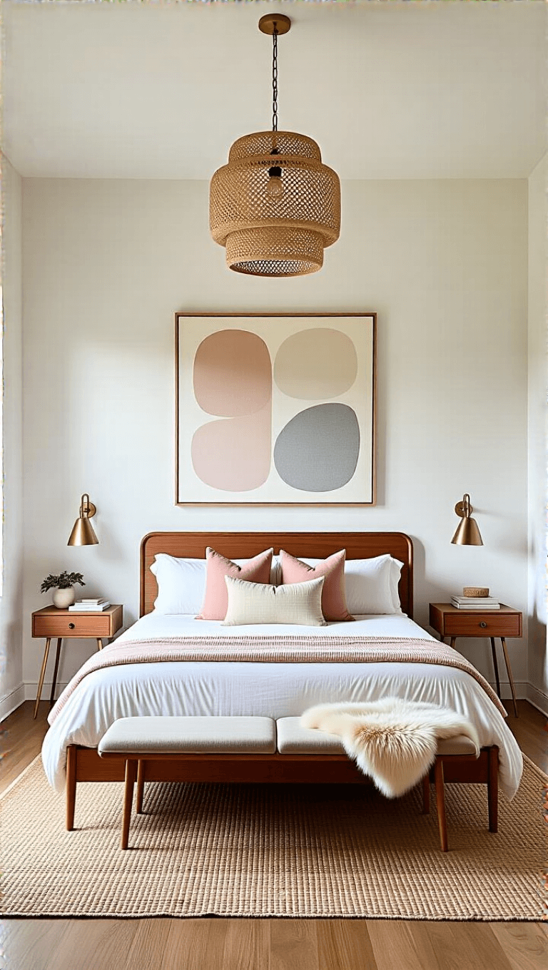Mid-century modern bedroom with walnut furniture and queen bed, accessorized with petite brass side tables, abstract art in blush and grey tones, rattan pendant, natural fiber rug and sheepskin throws in diffused afternoon light.
