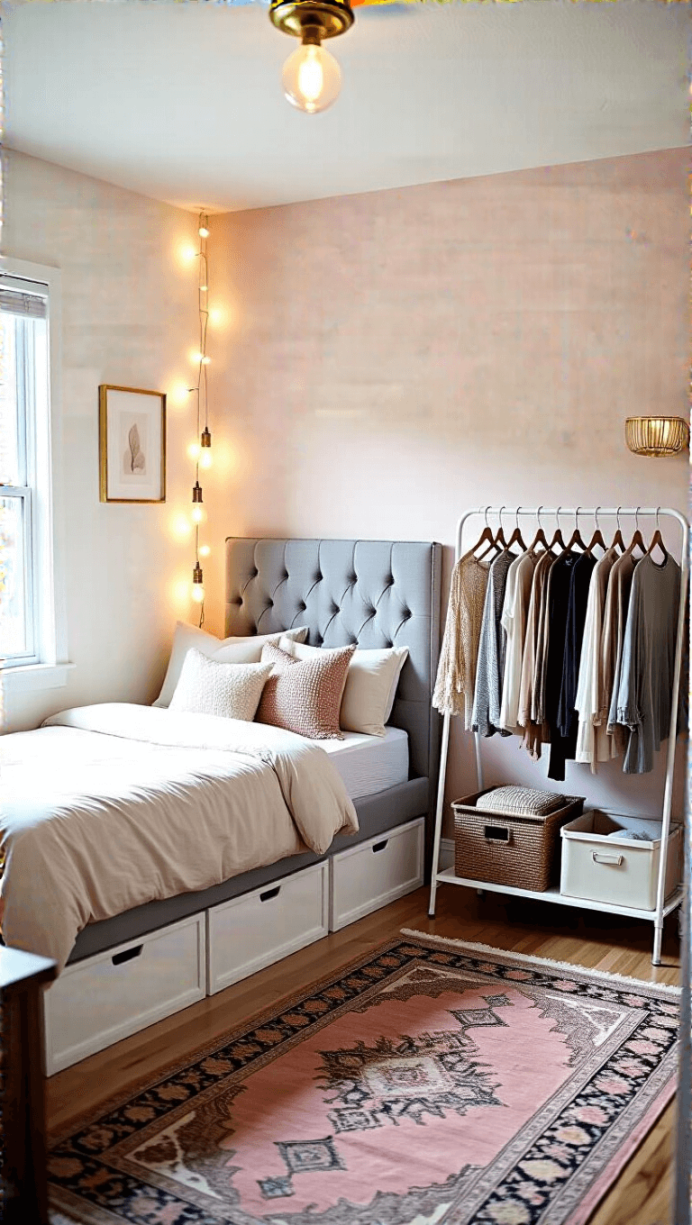 Cozy 9x12ft bedroom with string lights, table lamps, vertical storage, grey headboard against a blush pink accent wall, metal clothing rack with capsule wardrobe, vintage Persian runner leading to a window seat, and gold and copper accents.