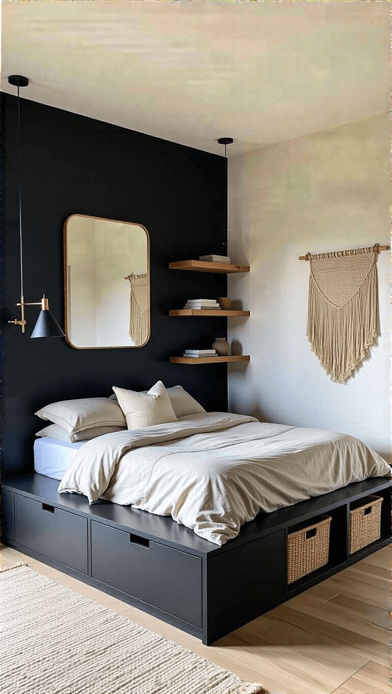 Contemporary bedroom with elevated bed platform, black accent wall with oversized mirror and wooden shelves, linen bedding in stone and ivory, and an architectural floor lamp in afternoon sunlight.
