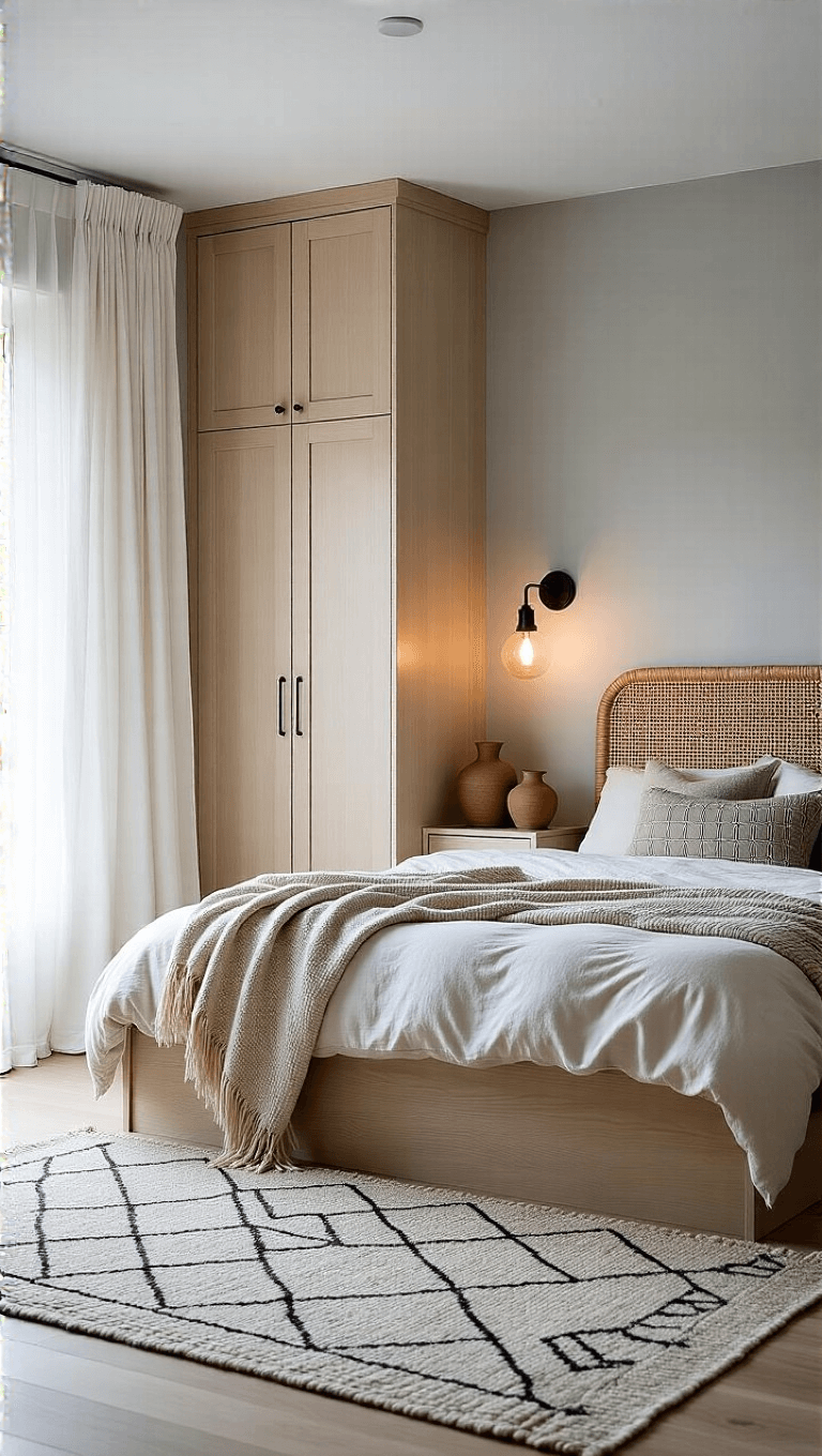 Scandinavian-styled 8x9ft bedroom with a platform bed, pale oak wardrobe, grey walls, white linen curtains, modern sconces, wool throws, handcrafted ceramics, and a geometric rug, captured at dusk.