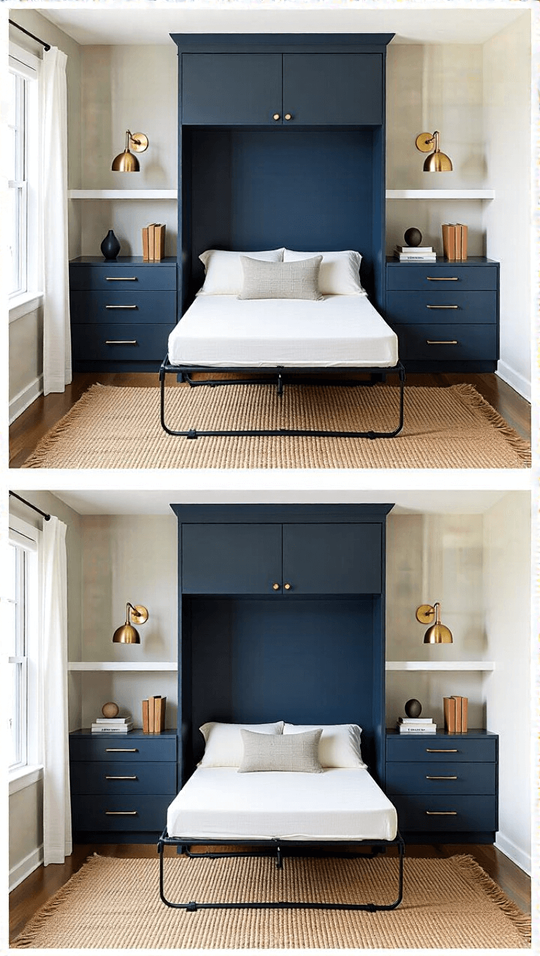 Modern 9x10ft space with Murphy bed and desk solution, navy accent wall with brass hardware, sculptural table lamp, curated bookshelf and jute rug in morning light