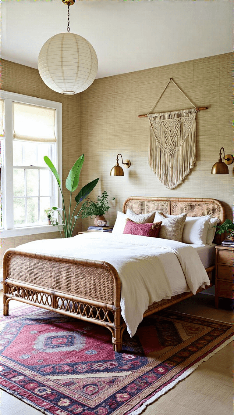 Bohemian themed bedroom with rattan bed frame, layered vintage rugs, macramé wall hanging, brass sconces and paper lanterns, surrounded by plants and rich textiles, illuminated by warm golden-hour light.
