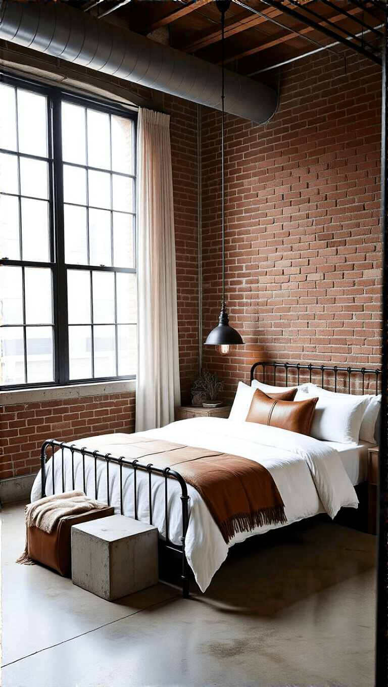 11x11ft industrial-chic bedroom with exposed brick wall, black metal bed frame, white linens, camel leather accents, concrete side tables, wool throw pillows, a vintage industrial lamp, and a large picture window for natural lighting.