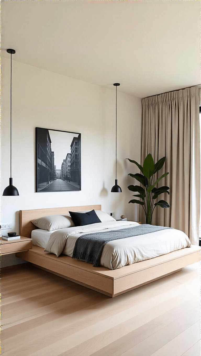 Minimalist bedroom design featuring platform bed with integrated nightstands in bleached oak, floor-to-ceiling linen curtains, black and white photography art, matte black task lighting, and an oversized plant