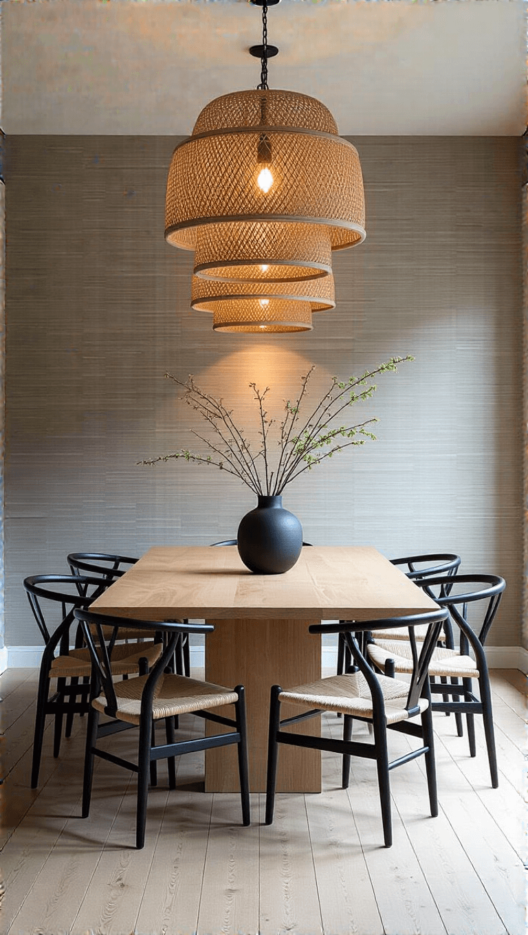 Sophisticated dining room at dusk with minimalist oak table, black wooden chairs, and warm grey grass cloth wallpaper, illuminated by a warm glow from an architectural pendant light, and enhanced by soft blue hour natural light.