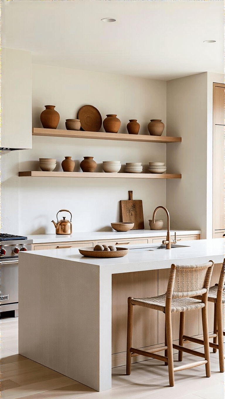 Modern 16x20ft kitchen with limestone waterfall island, pale oak cabinets, open shelving with earthenware collection, handwoven table linens, and a copper kettle under soft mixed lighting.
