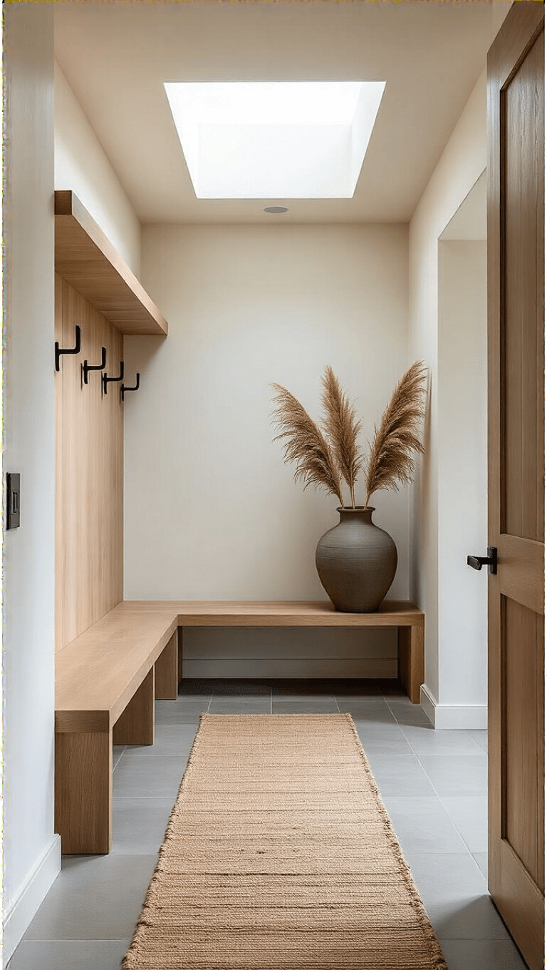 Serene 6x8ft entryway with bleached oak bench, matte black coat hooks, large concrete tiles, oversized ceramic vessel with pampas grass, and natural fiber runner, lit by skylight and soft sconce illumination.