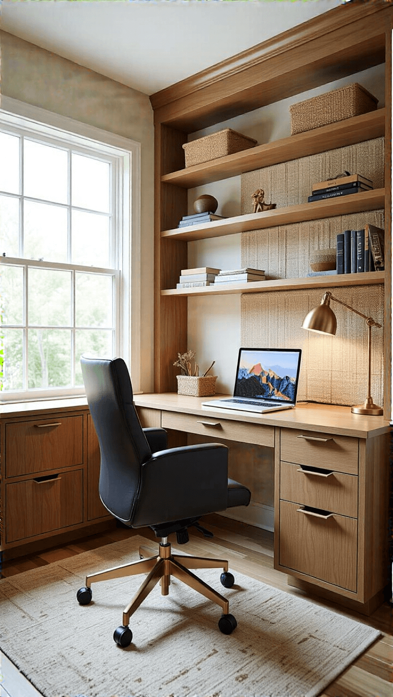 Elegant 12x14ft home office with a built-in oak desk spanning a windowed wall, black leather ergonomic chair, floating shelves with books and decorative objects, natural fiber acoustic panels, a brass task lamp, all under natural and task lighting, promoting focused creativity.