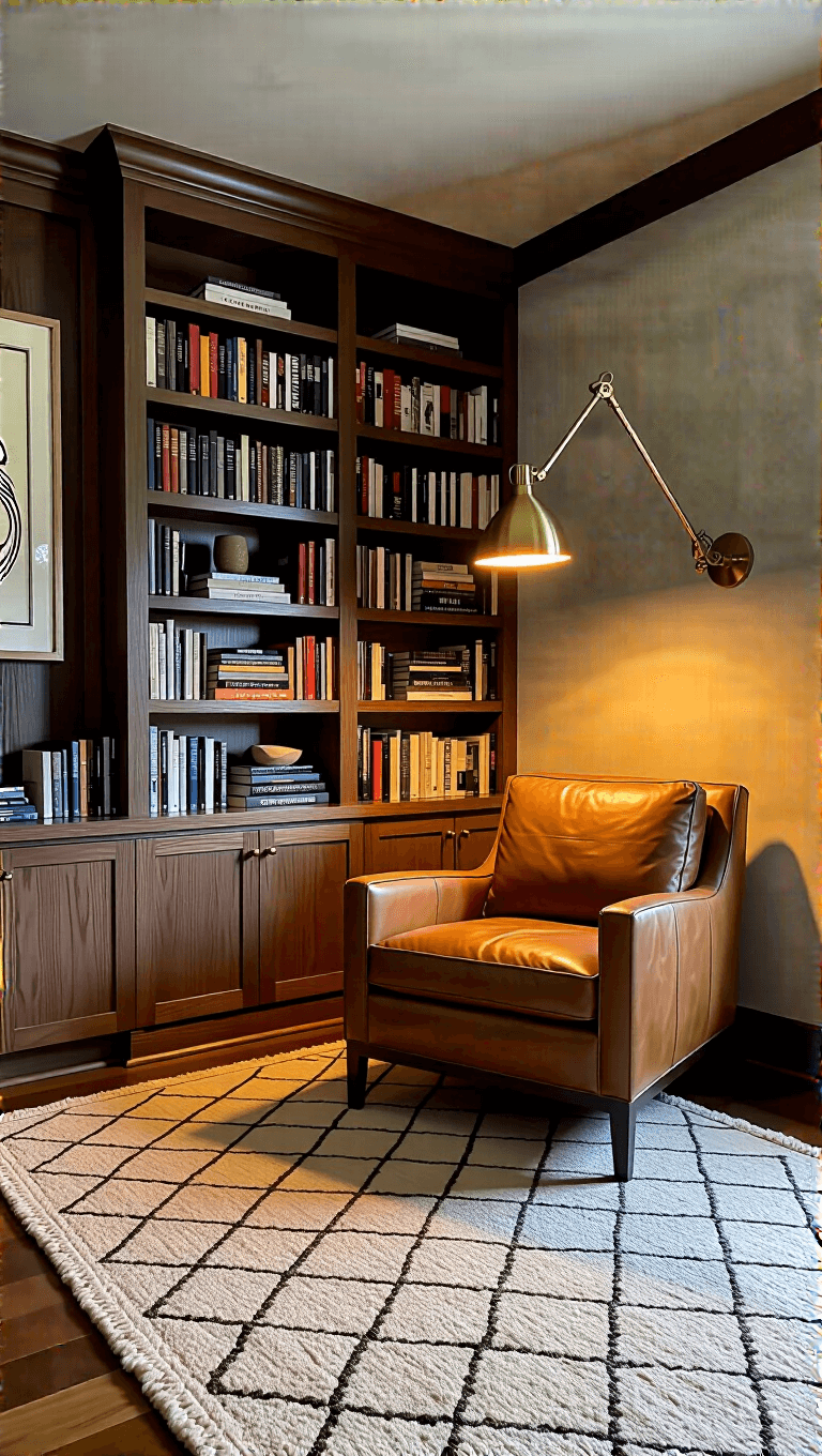 Cozy 6x8ft evening reading nook with low-profile cognac leather lounge chair, floor-to-ceiling dark oak bookshelf, geometric handknotted wool rug, and brass reading lamp, bathed in warm directional light.