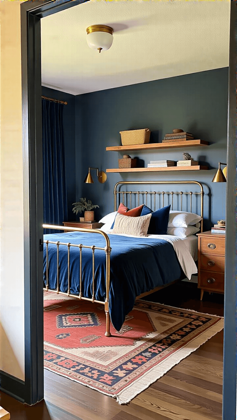 Cozy, dimly lit 13x13ft bedroom featuring a vintage brass bed frame, modern floating shelves and minimalist sconces, an antique dresser with modern hardware, velvet curtains, woven throws, and vintage kilim pillows in navy, copper, and cream colors.