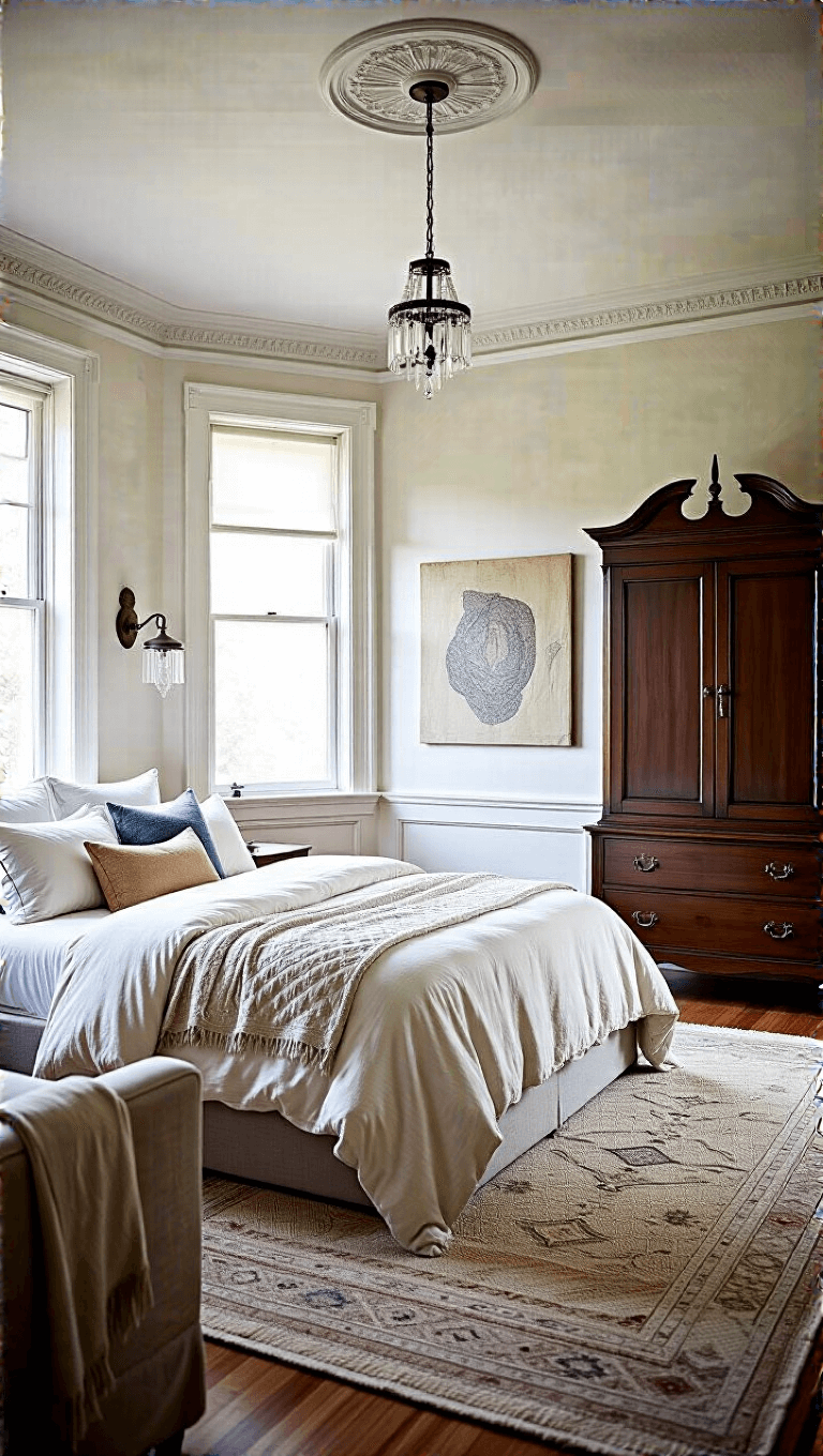 Bright 15x17ft bedroom at dawn showcasing architectural details, a modern bed and Victorian-era armoire, vintage crystal sconces beside an abstract canvas, and layered bedding in natural morning light.