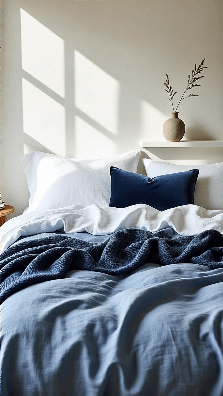 Overhead view of a thoughtfully styled bedroom with a rumpled denim blue duvet, white sheets, a slate blue wool throw, and a navy velvet pillow, illuminated by natural light casting dramatic shadows.