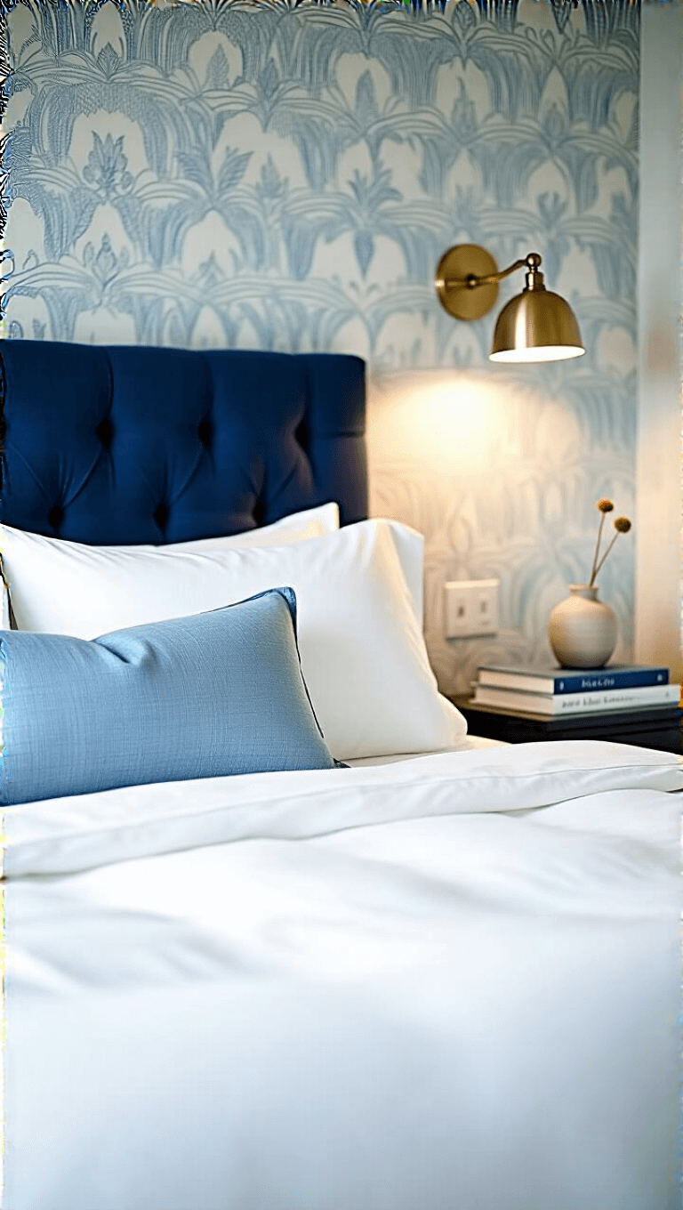 Close-up view of a cozy bedroom featuring navy headboard, white linens, powder blue pillows, brass reading light, and personal objects on a floating shelf against a subtly patterned pale blue wallpaper.