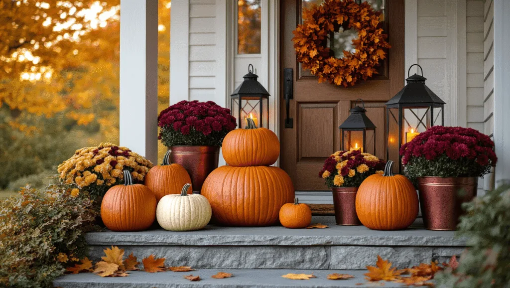 "Autumn porch with stacked heirloom pumpkins, burgundy chrysanthemums in copper planters, glowing lanterns, and maple leaf wreath on wooden door at golden hour"