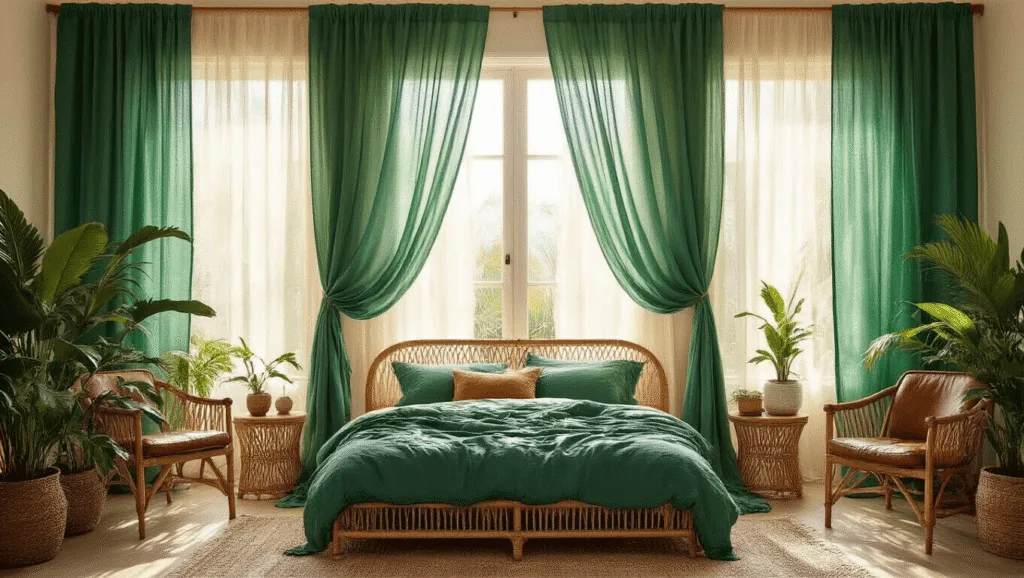 "Boho bedroom with emerald green silk curtains, palm-printed panels, rattan furniture, vintage leather accents and indoor plants in morning light"