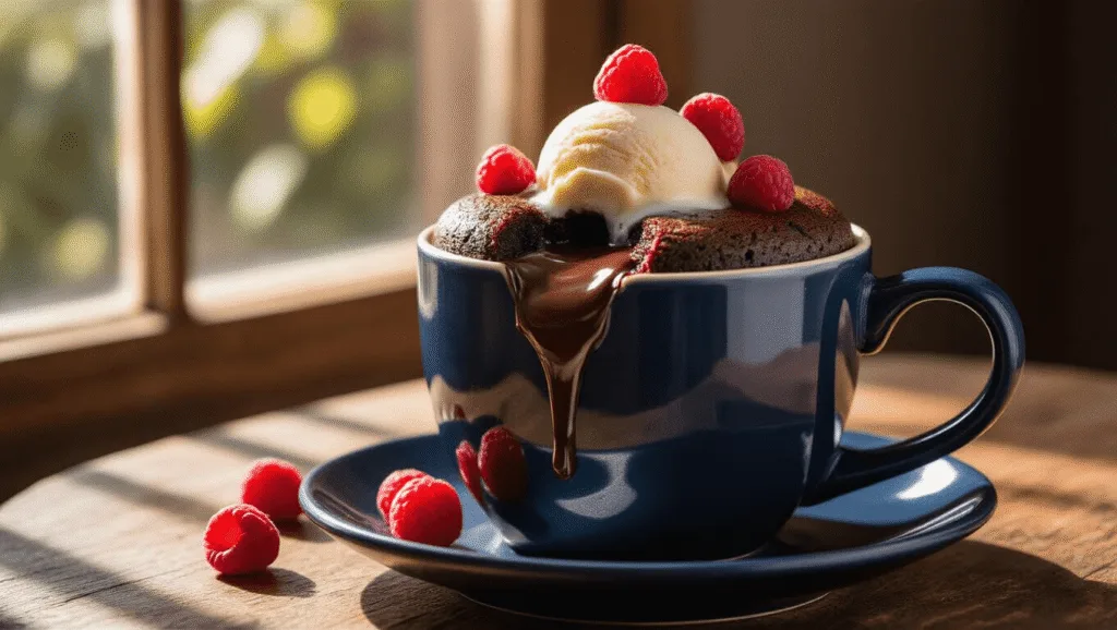 "Chocolate lava cake in a mug with vanilla ice cream and raspberries on a wooden table"