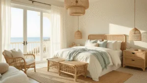"Coastal chic bedroom with serene seafoam linen, rattan nightstands, and natural light filtered through gauzy white curtains"