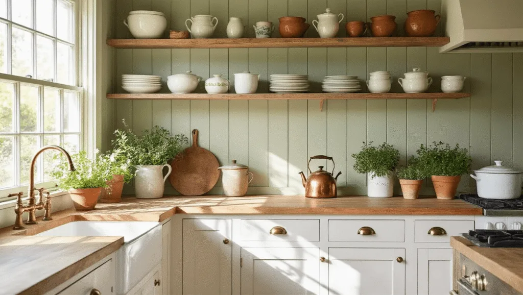 "Cozy farmhouse kitchen with white cabinets, butcher block countertops, sage green shiplap walls, and vintage kitchenware in morning sunlight."
