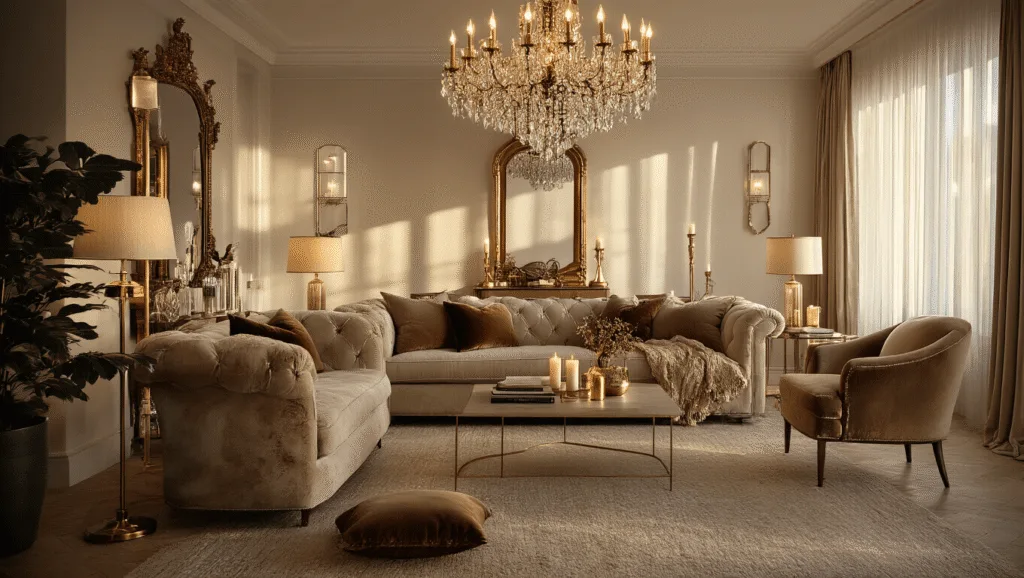 Luxurious living room with layered lighting and textured furnishings during golden hour