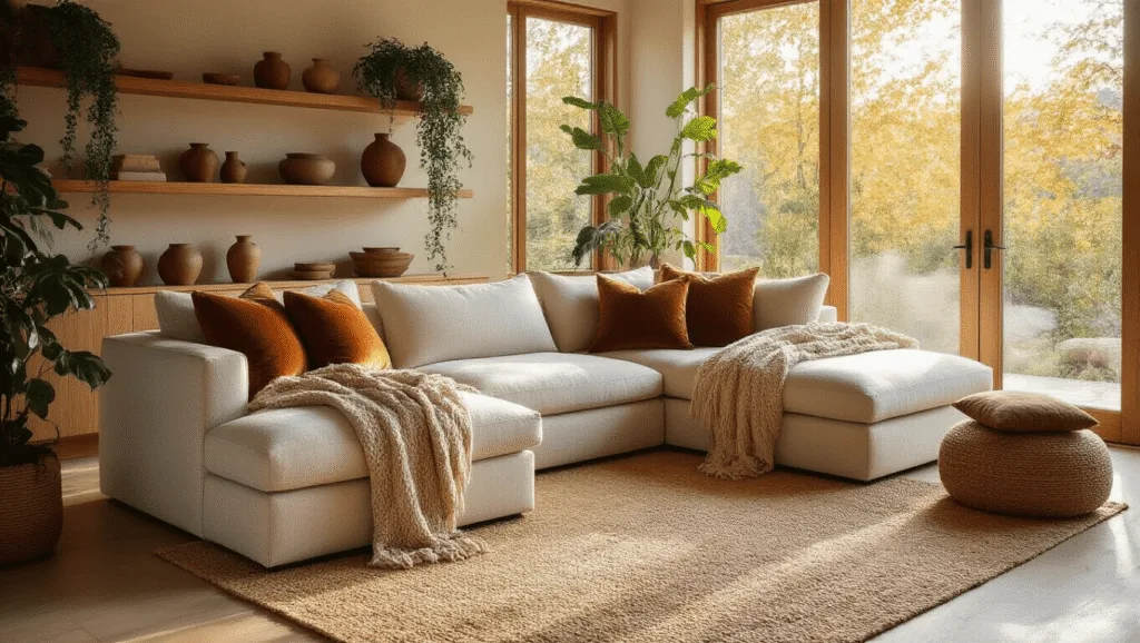 "Sunlit contemporary living room with oatmeal sectional sofa, earth-toned throws and pillows, oak shelves with ceramics and plants, on a jute rug with soft light streaming through large windows"