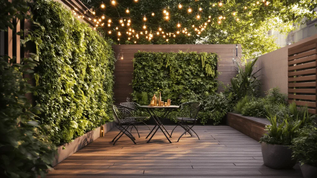 "Urban backyard oasis with a lush vertical garden, bistro set, string lights, and copper lanterns in golden hour lighting"