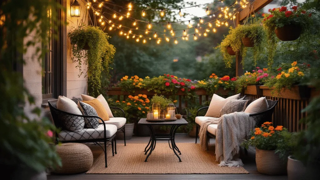 "Cozy urban patio with bistro set, string lights, hanging planters and textured throws on wooden deck at golden hour"