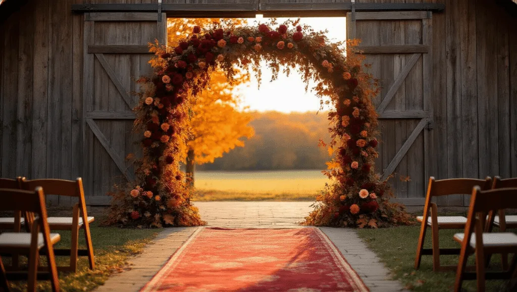 "Rustic barn wedding setup with burgundy dahlias and orange maple leaves arch in golden light"