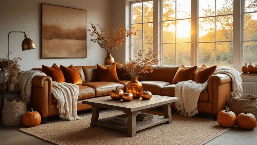 "Cozy fall-themed living room with caramel leather sectional, reclaimed wood coffee table with autumn decor, large windows letting in warm sunlight, and vintage brass floor lamp"