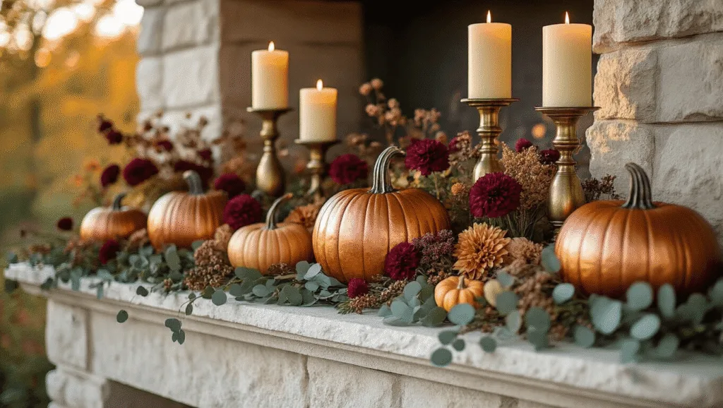 "Fall mantel decor with vintage pumpkins, dried flowers and candlesticks on a limestone fireplace"