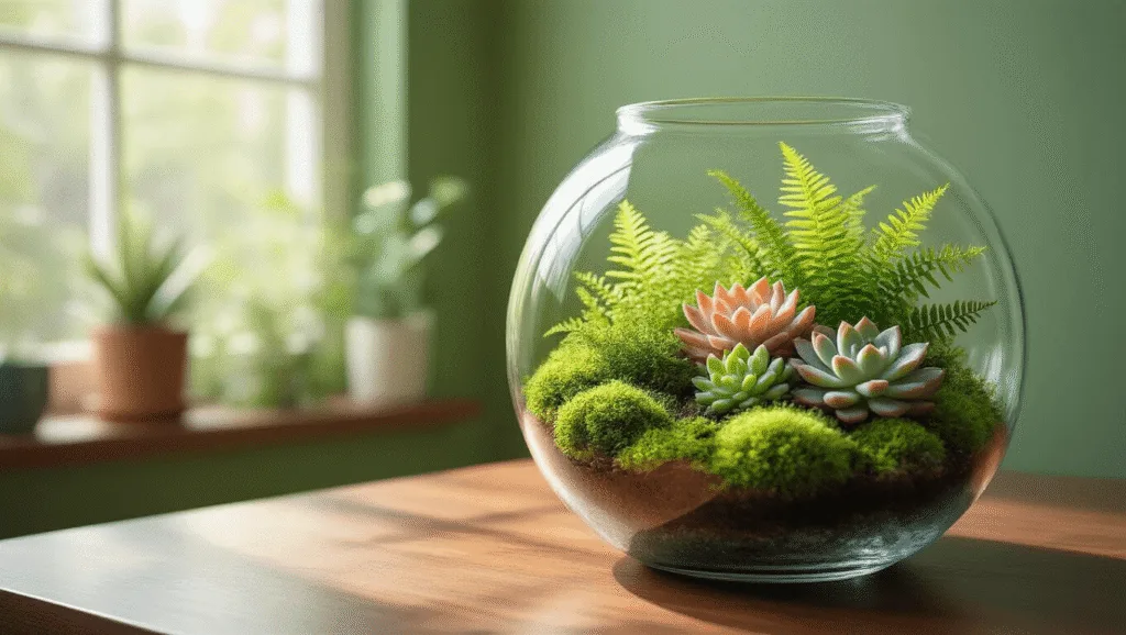 "Indoor garden terrarium with moss, ferns, and succulents on a wooden desk with sage green walls in a cozy natural light setting"