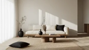"Japandi style living room featuring beige linen sofa, walnut coffee table, and light oak flooring with minimalist decor and natural morning light"