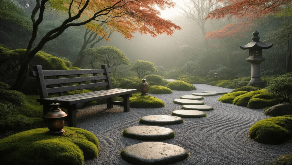 "Moss-covered stepping stones in a misty Japanese garden at dawn, with weathered wooden bench, aged copper lanterns, and meandering gravel paths."
