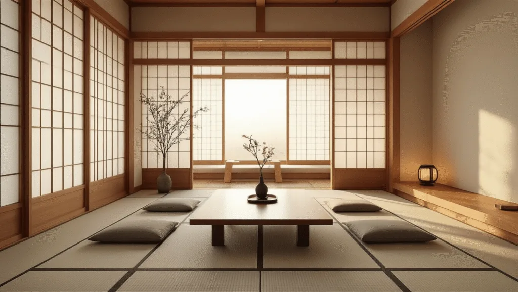 "Japanese minimalist living room with shoji screens, wooden elements, tatami mats, and ikebana arrangement in warm light"