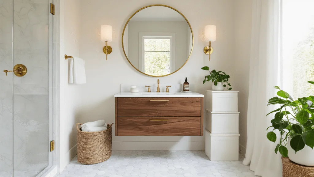 "Luxurious small bathroom with walnut vanity, brass-trimmed mirror, white storage towers, marble floor, and pothos plant under natural light"