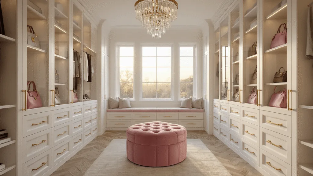 "Luxurious walk-in closet with white oak cabinetry, pink velvet ottoman, designer handbags on glass shelves, herringbone floors, and golden hour lighting"