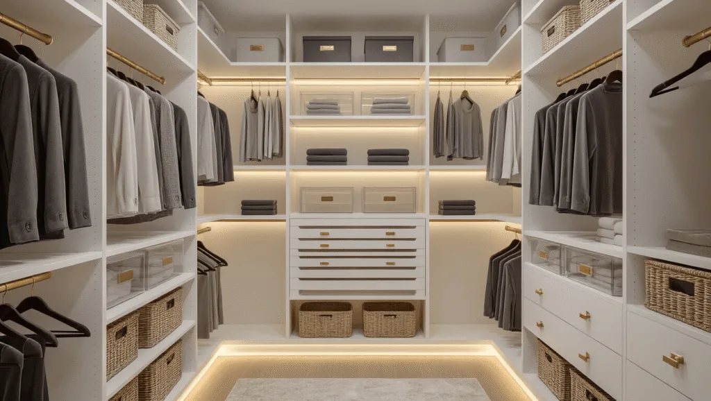 "Luxurious organized closet with white shelving, gray velvet hangers, clear storage boxes with brass labels, woven baskets and soft lighting"